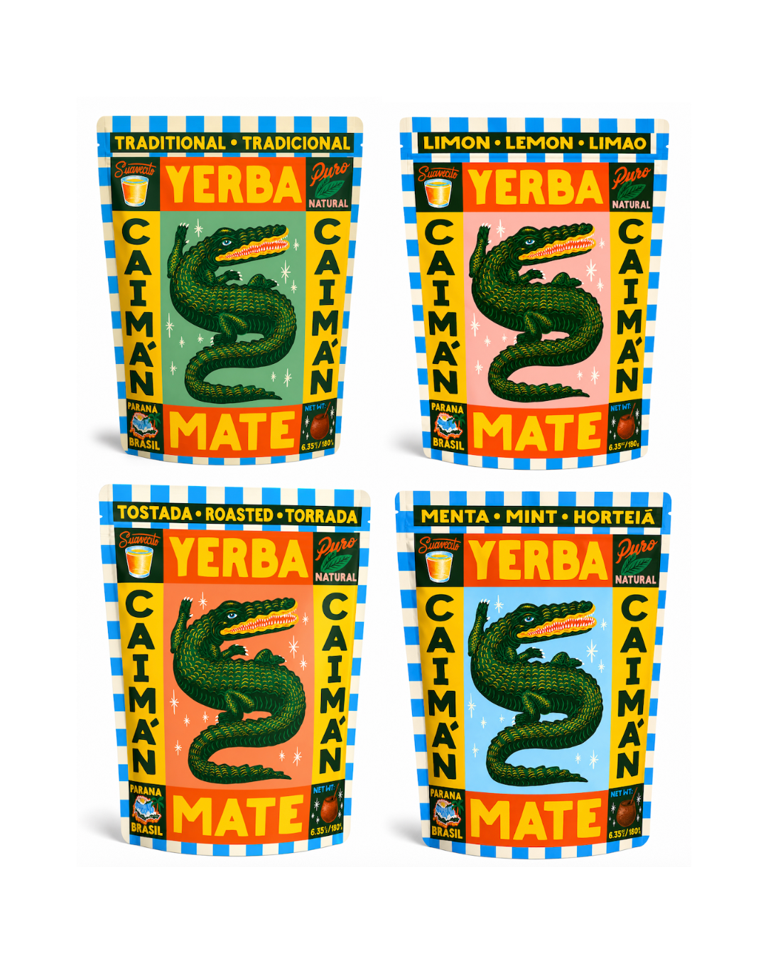 Four packages of Caiman Yerba Mate with colorful designs and a green alligator logo.